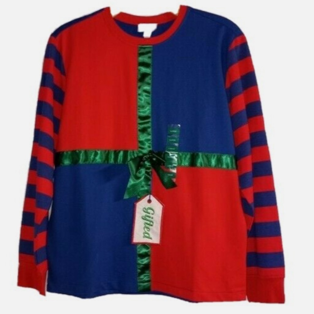 ROCKIN' AROUND CUTE UGLY CHRISTMAS SWEATER GIFTED GIFT RED BLUE GREEN BOW XXL